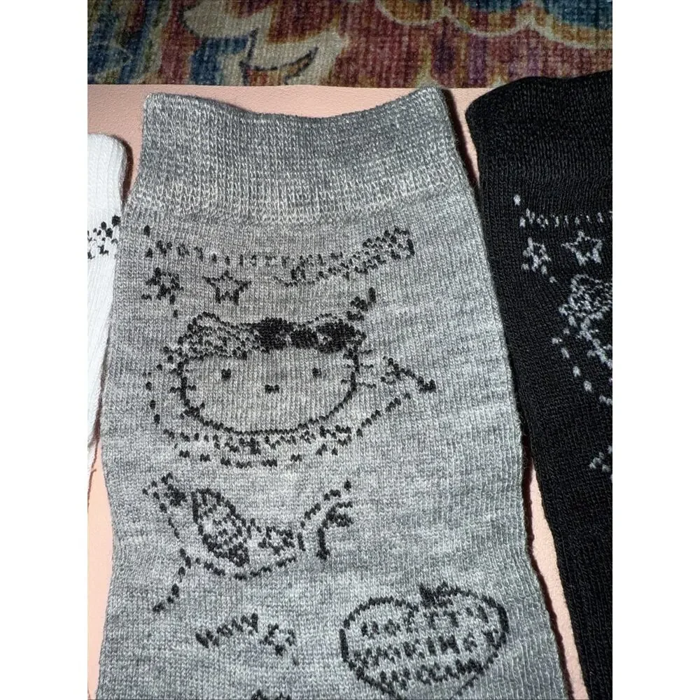 Set Of Three Pairs Women’s Black, Gray, White Hello Kitty Crew Socks
